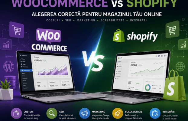 WooCommerce vs Shopify în 2026: ghidul complet pentru alegerea platformei potrivite pentru magazinul tău online.