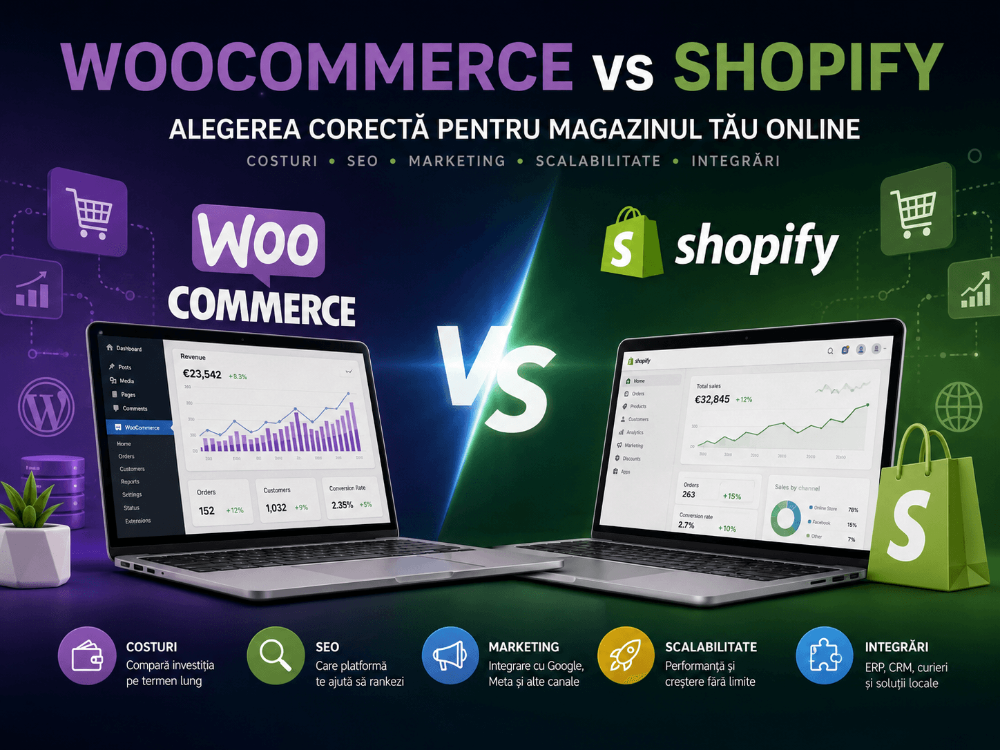 WooCommerce vs Shopify în 2026: ghidul complet pentru alegerea platformei potrivite pentru magazinul tău online.